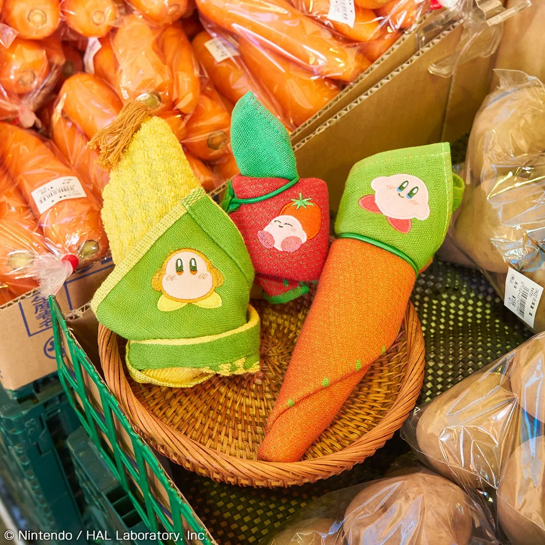 カゴに入ったカービィの野菜モチーフのぬいぐるみ。