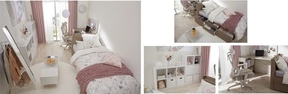 ピンクと白を基調とした、可愛らしい雰囲気のベッドルームの写真です。