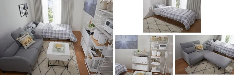 一人暮らしの部屋のインテリアコーディネートの画像です。ソファ、ベッド、収納棚などが配置されています。