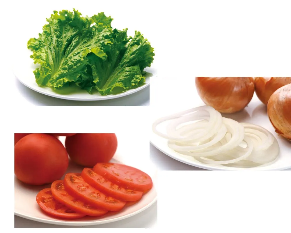 レタス、トマト、玉ねぎのスライスが白いお皿に載っている写真です。