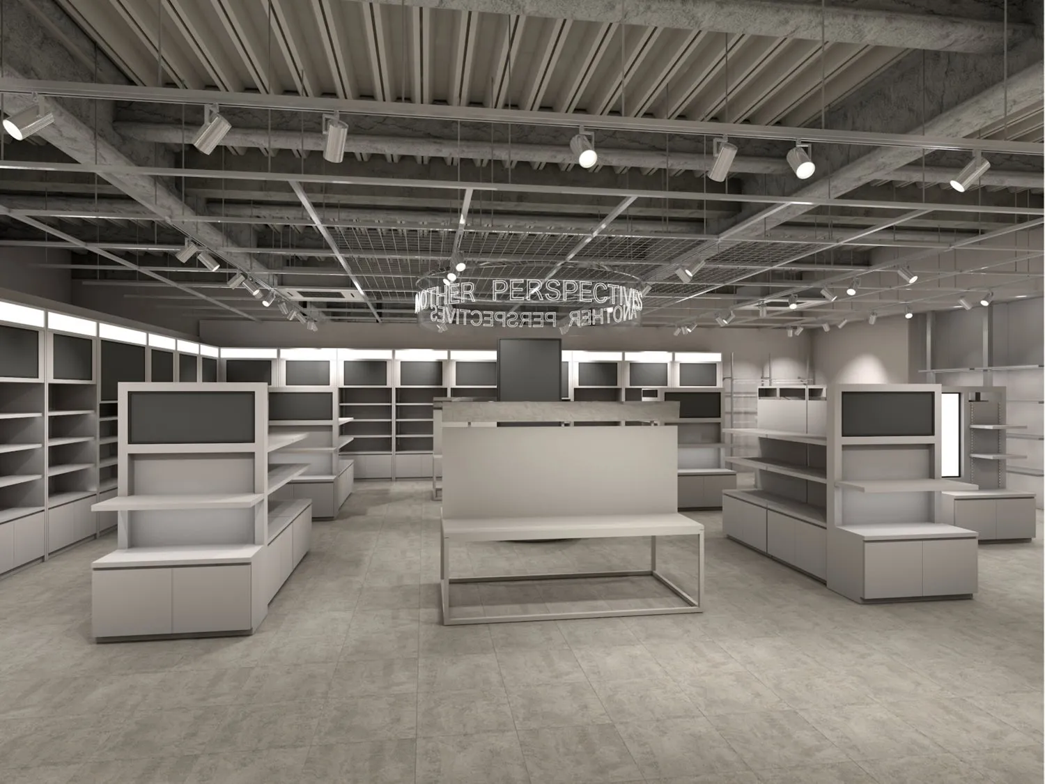 店内を写した画像。白を基調とした内装で、棚やディスプレイが配置されている。天井には照明が設置されており、スタイリッシュな印象を与える。