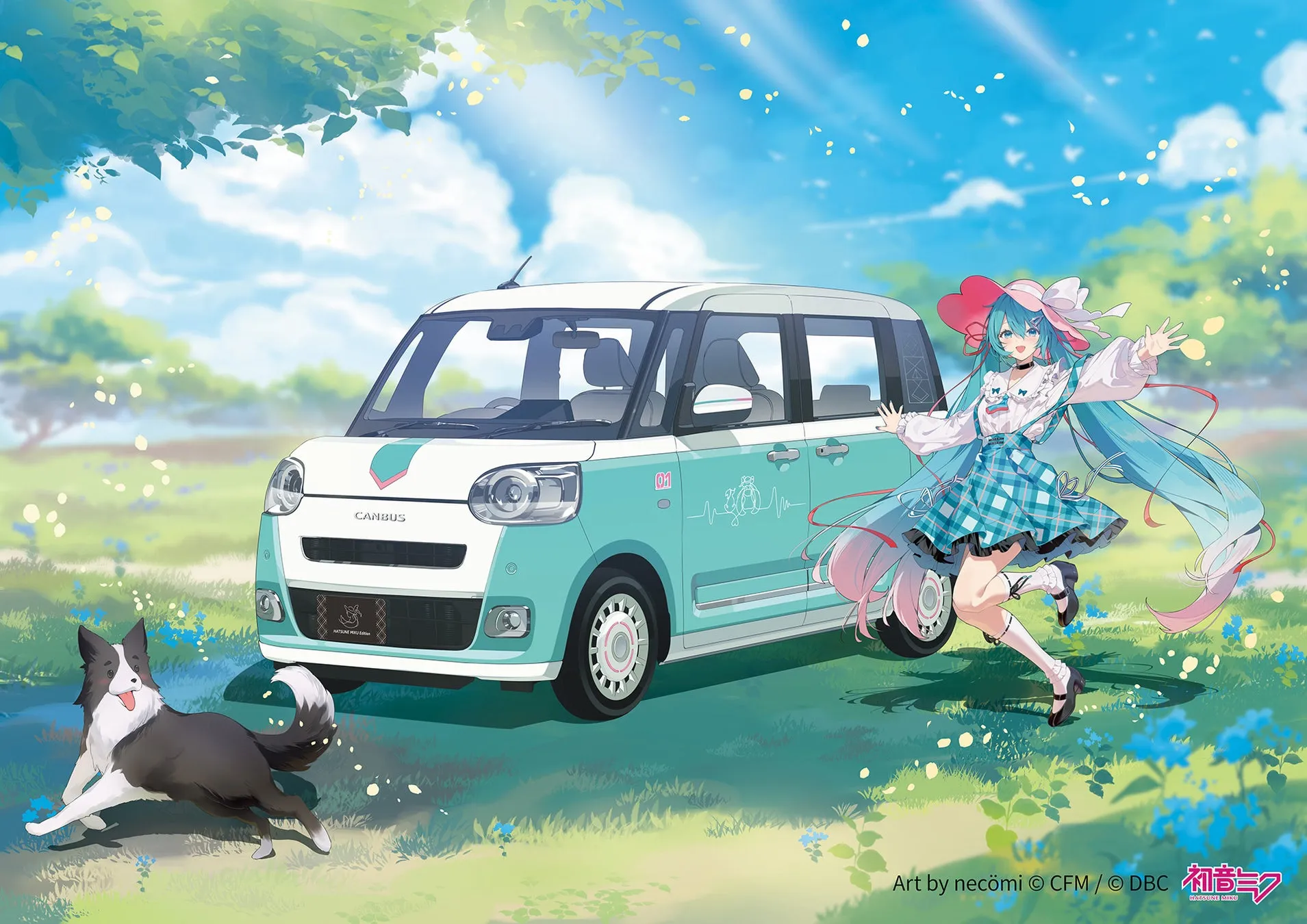 青と白の車と初音ミクのイラスト。