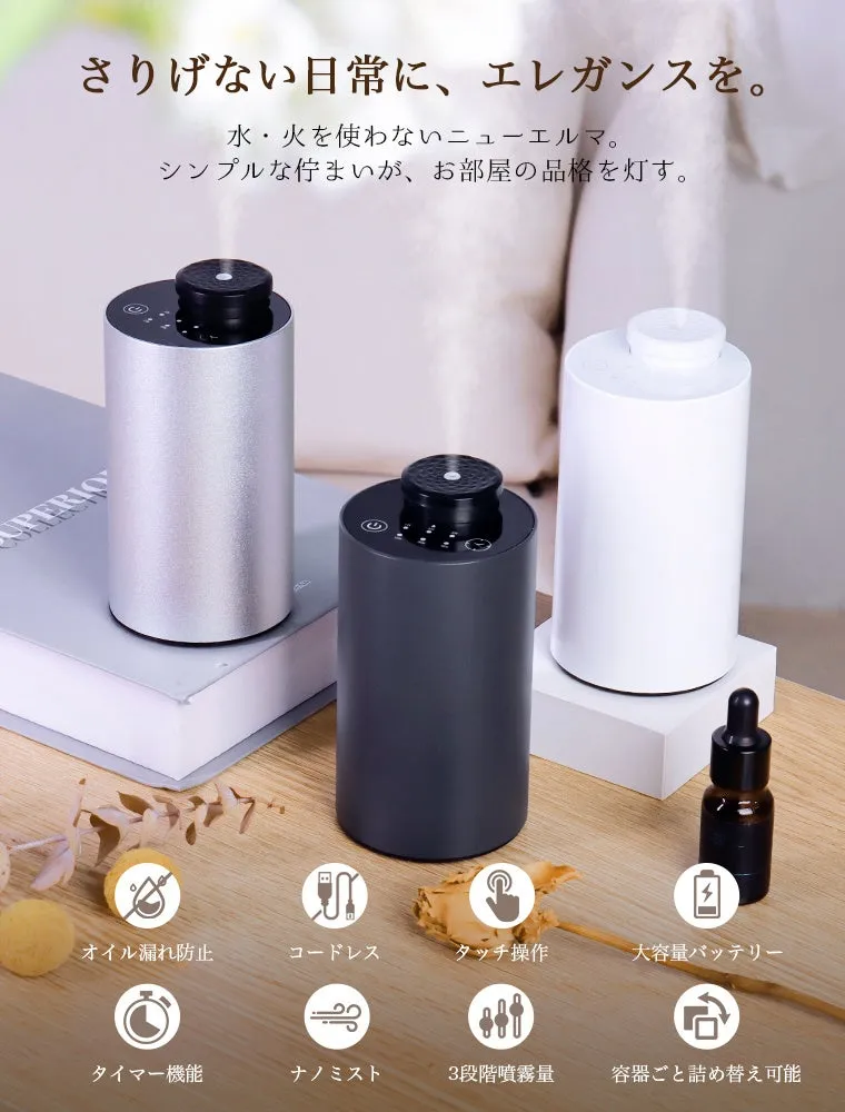 アロマディフューザーの製品広告。3つの異なる色のディフューザーが配置され、周囲にはアロマオイルのボトルや、製品の機能を説明するアイコンが配置されている。