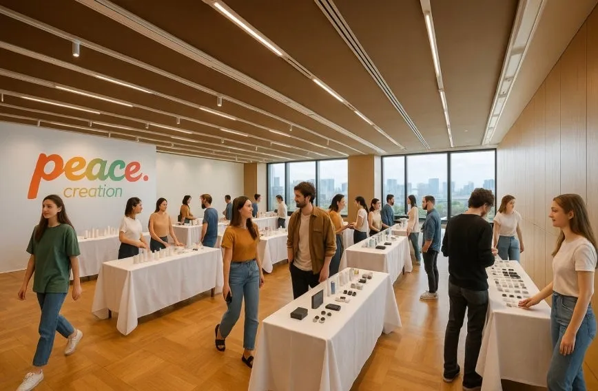 展示会の様子。テーブルには商品が並べられ、人々はそれらを見ています。壁には「peace. creation」の文字が書かれています。