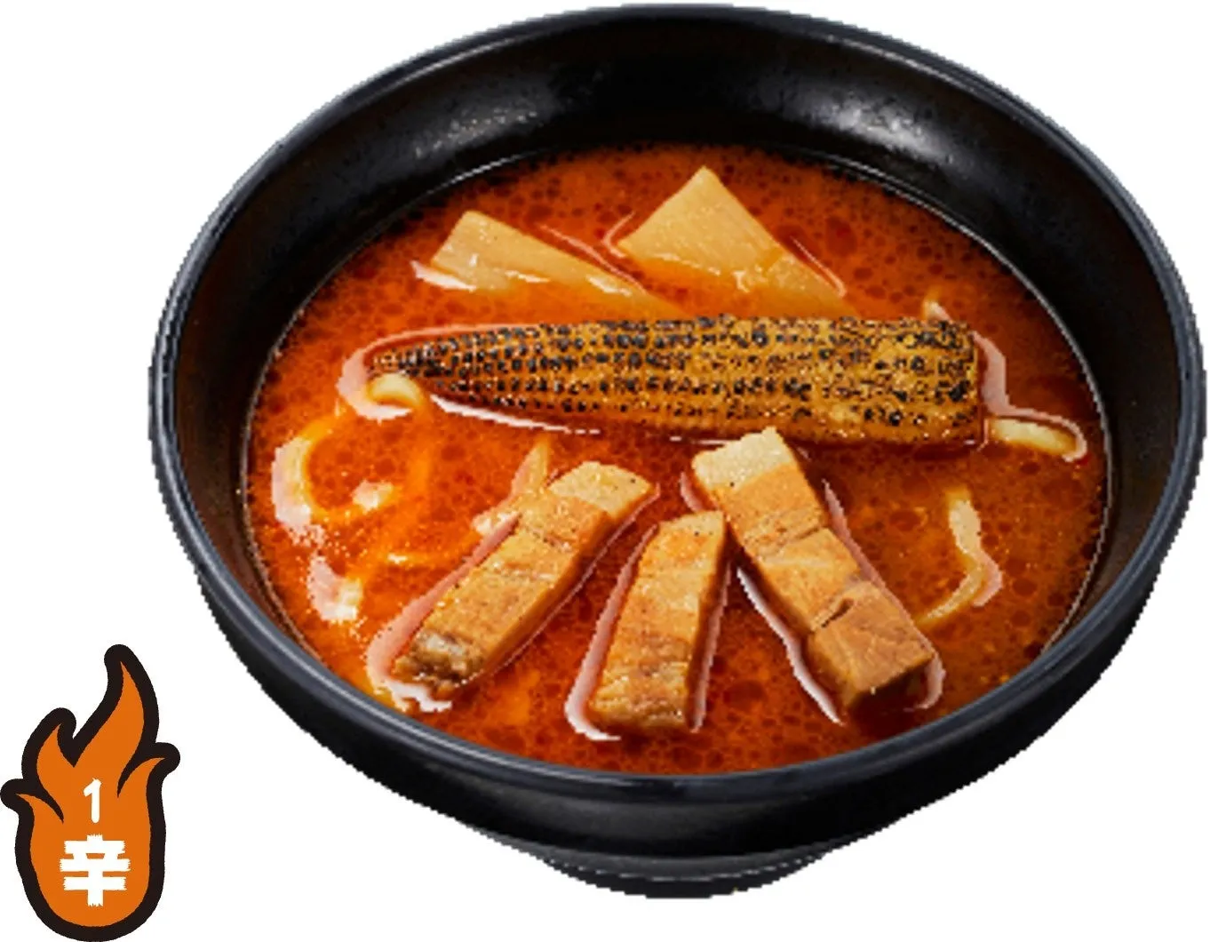 黒い器に入ったラーメン。スープは赤く、トウモロコシ、チャーシュー、メンマのようなものが入っている。辛さを表すマークがついている。
