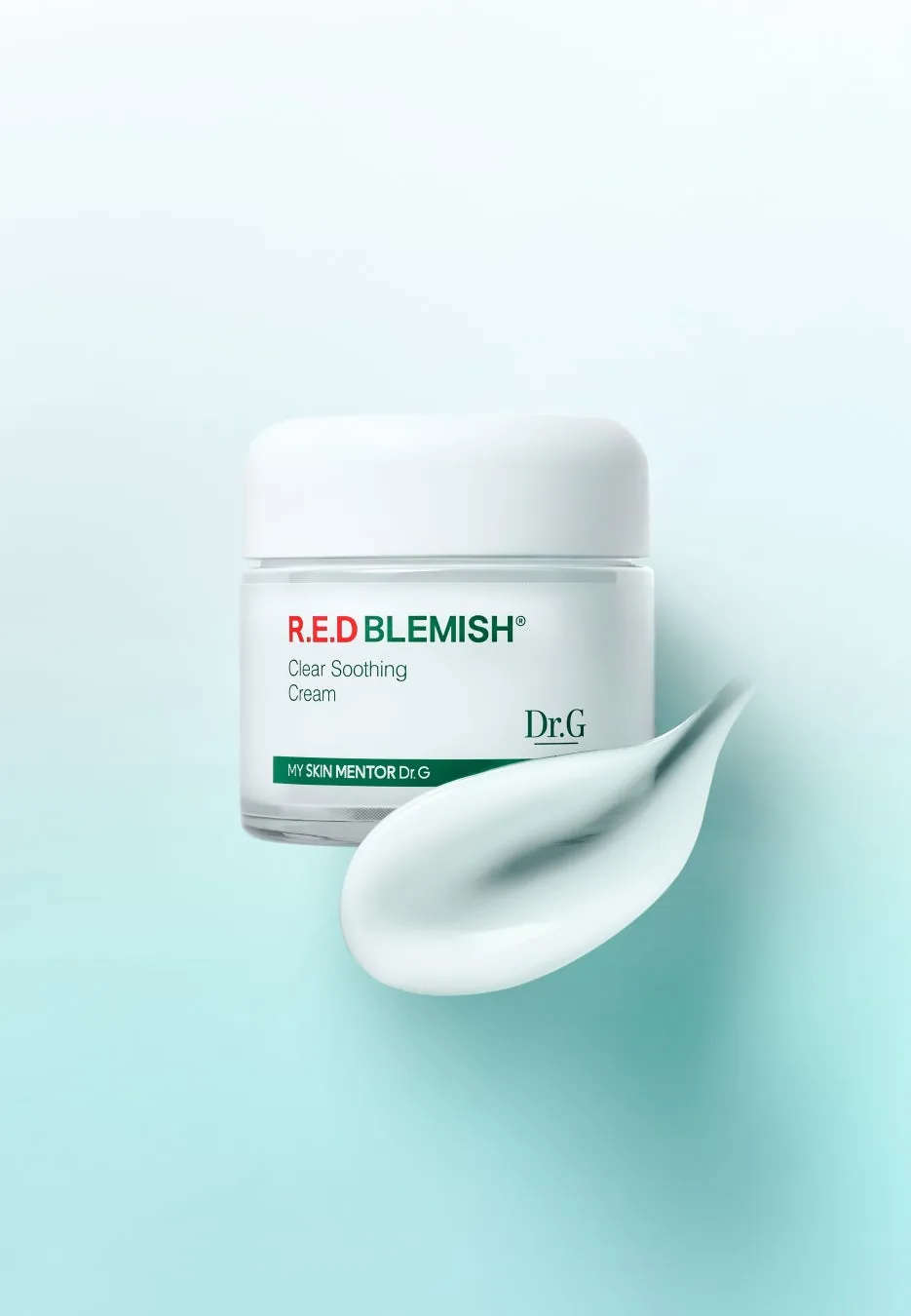 白いクリームの瓶とクリームの飛沫が写った写真。瓶には「R.E.D BLEMISH Clear Soothing Cream Dr.G」と書かれている。