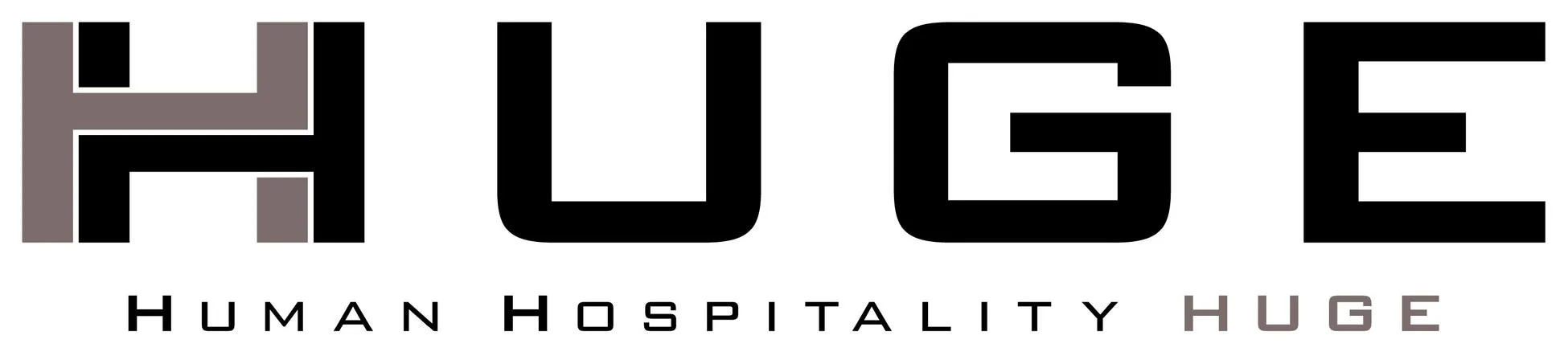 HUGEという単語が大きく表示されたロゴ。その下に「HUMAN HOSPITALITY HUGE」という小さい文字が配置されている。文字はシンプルで、背景は白。