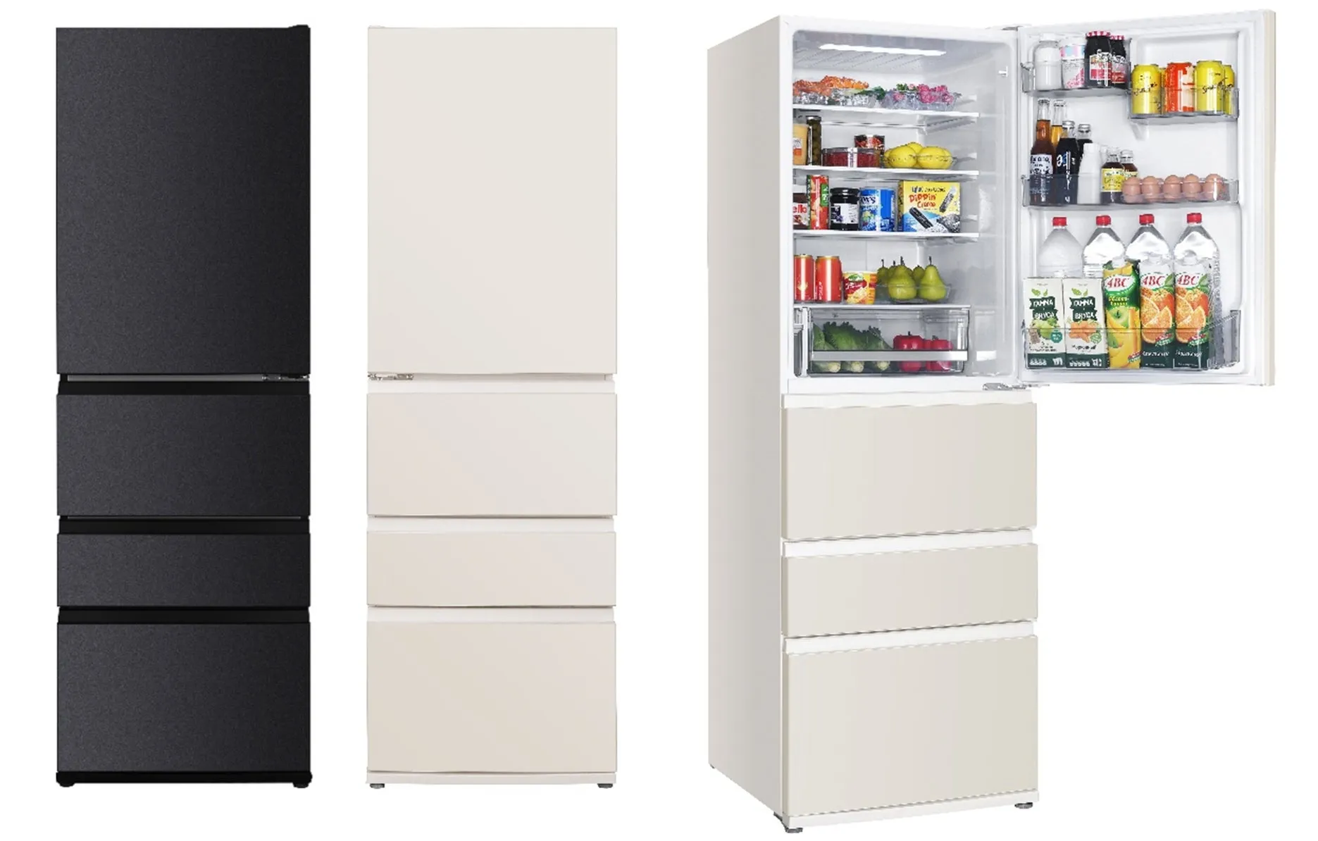 冷蔵庫の製品写真です。黒と白の2色展開で、冷蔵庫の扉を開けた状態も写っています。