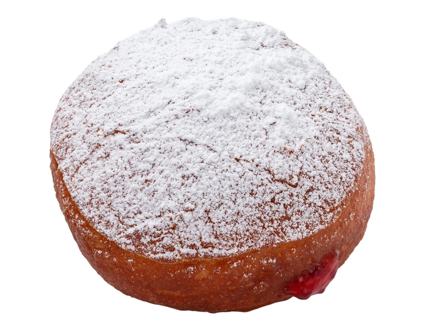 粉砂糖をまぶしたドーナツ。ドーナツは丸く、中には赤いジャムが入っている。