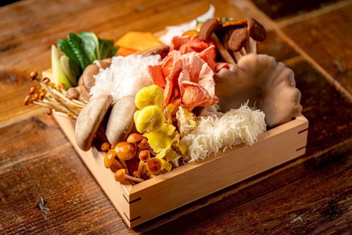 木製の箱に様々な種類のキノコが詰められた写真