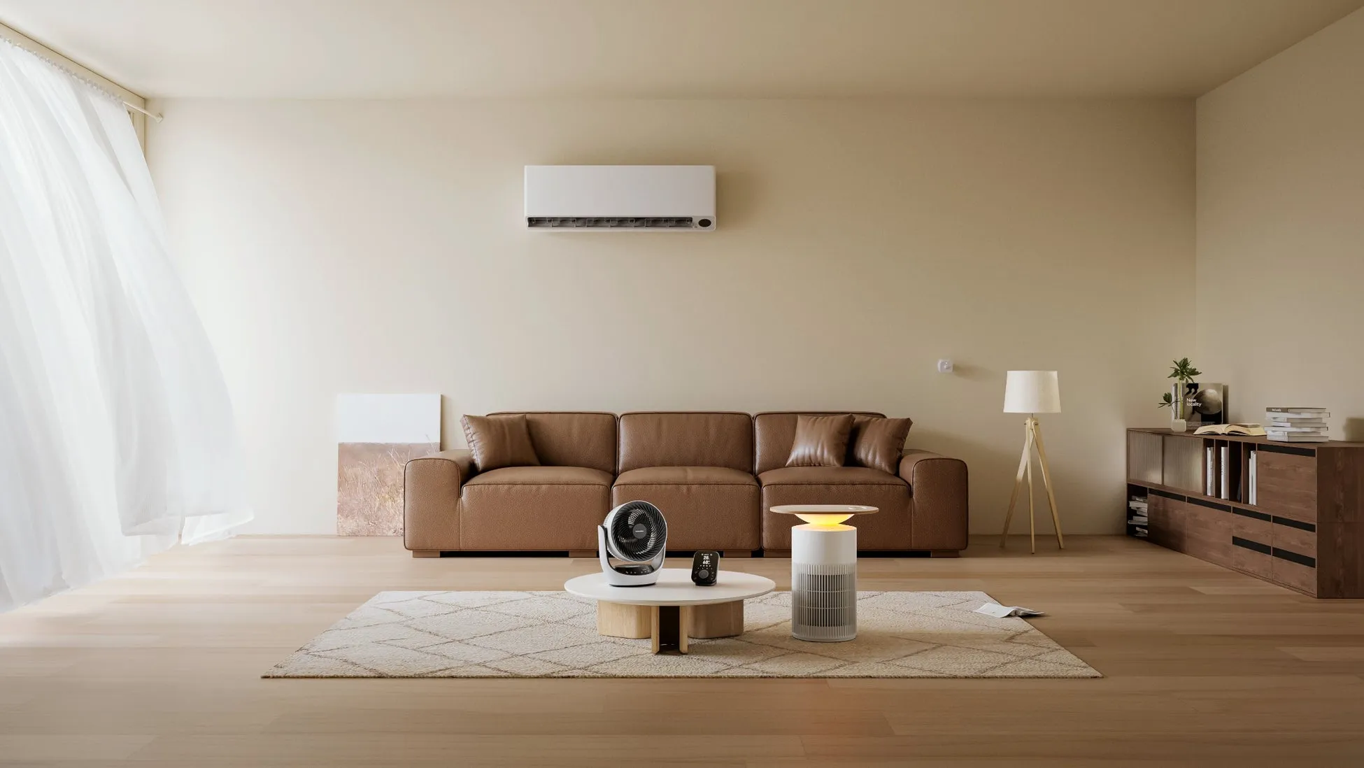 茶色の革張りのソファと木製の棚を備えたモダンなリビングルーム