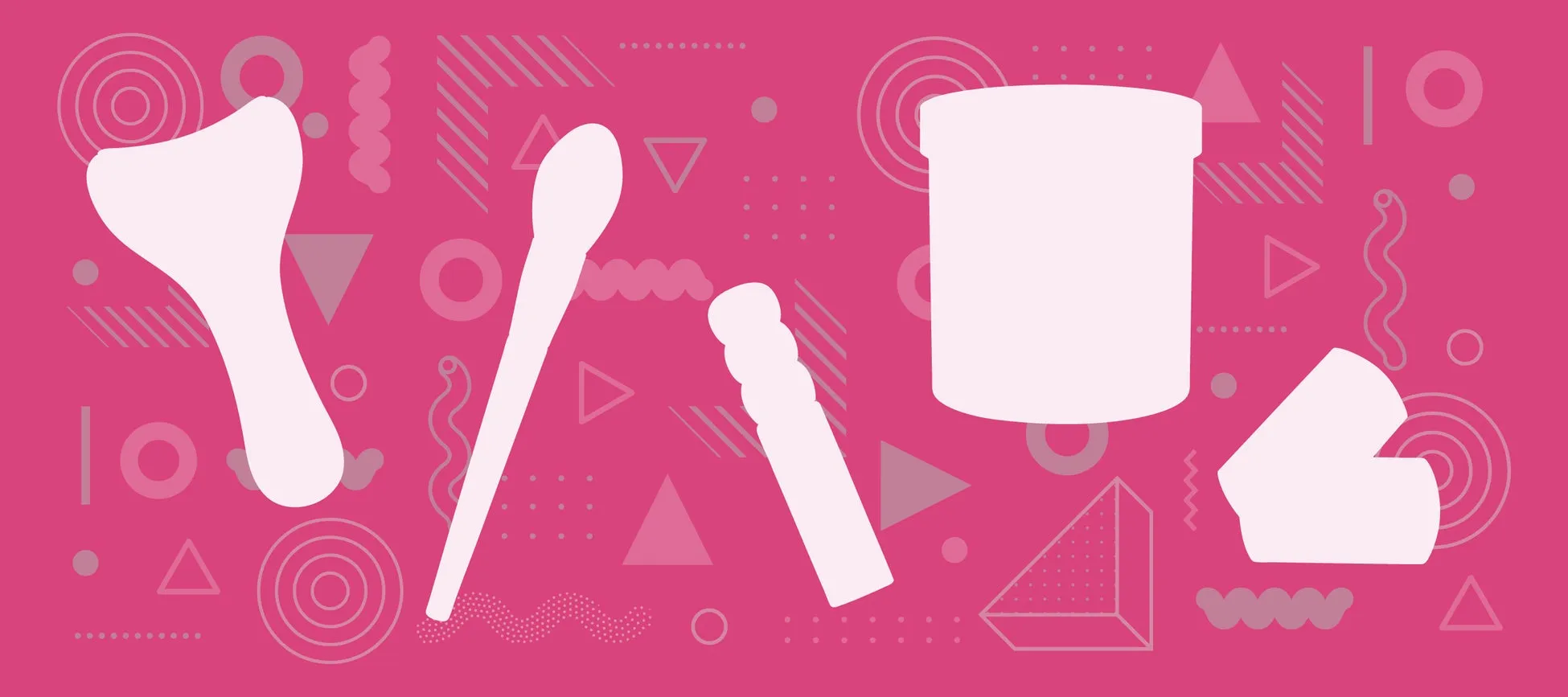 ピンク色の背景に、さまざまな形状の白いオブジェクトが配置されたイラスト