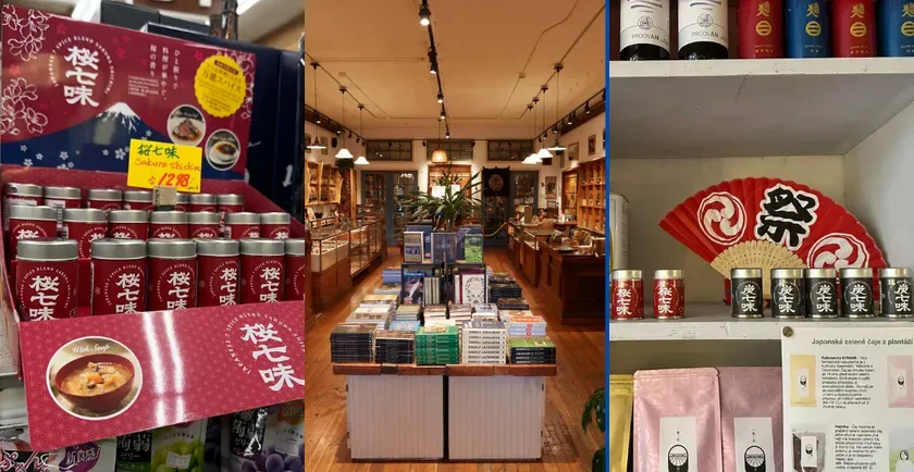 日本の食材が並べられた店内の写真。様々な種類の七味や、その他調味料、お茶などが陳列されている。