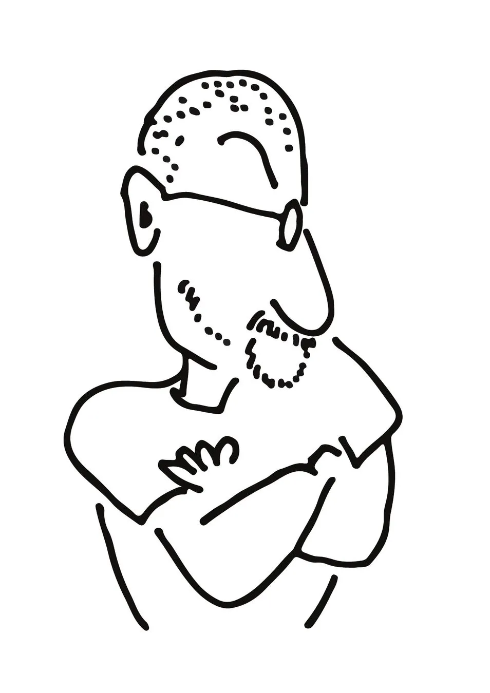 眼鏡をかけた男性のモノクロイラスト。 頭には点がたくさんあり、顎にはひげがある。腕を組んでおり、少し考え込んでいるような様子。