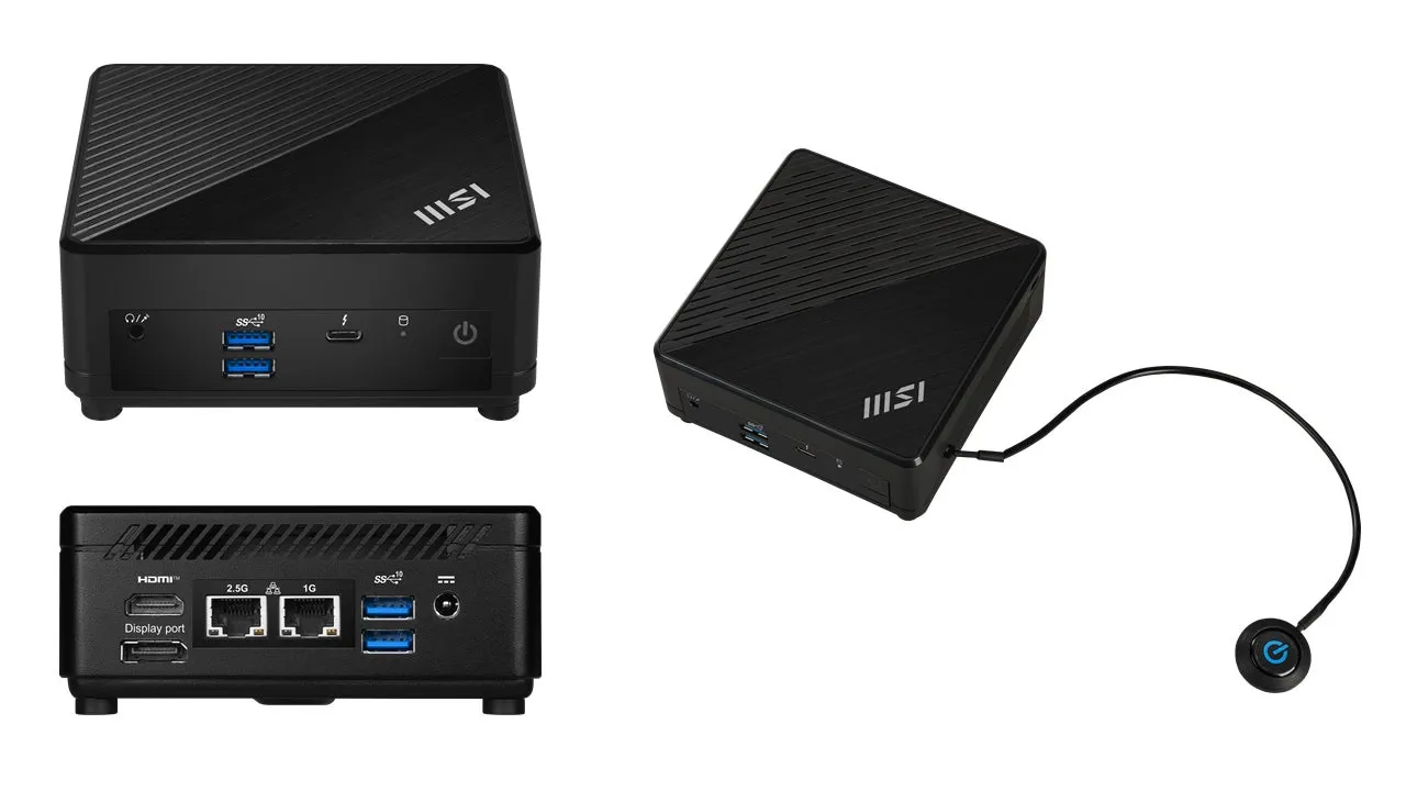 MSI製の小型デスクトップPCの画像です。様々な角度からPC本体とポート類が写っています。