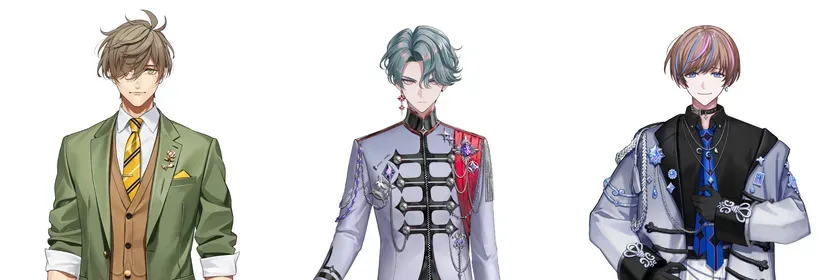 3人の男性キャラクターのイラスト。左のキャラクターは緑色のスーツ、中央のキャラクターは白い衣装、右のキャラクターは青と白の衣装を着ています。