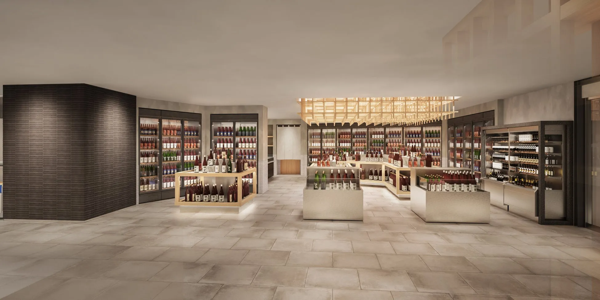 酒屋のインテリアデザイン。ワインや日本酒が陳列された棚や冷蔵庫が配置され、明るく開放的な空間が広がっている。