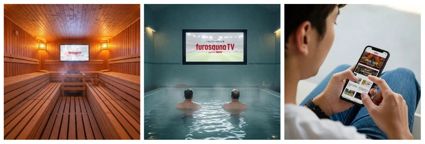 サウナ、風呂、スマートフォンを使用してコンテンツを楽しむ人々の画像。