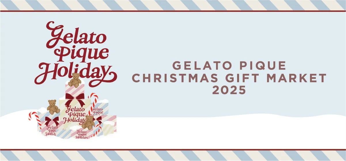 ジェラートピケのクリスマスギフトマーケットの告知画像です。プレゼントの箱やテディベア、キャンディケーンが描かれています。