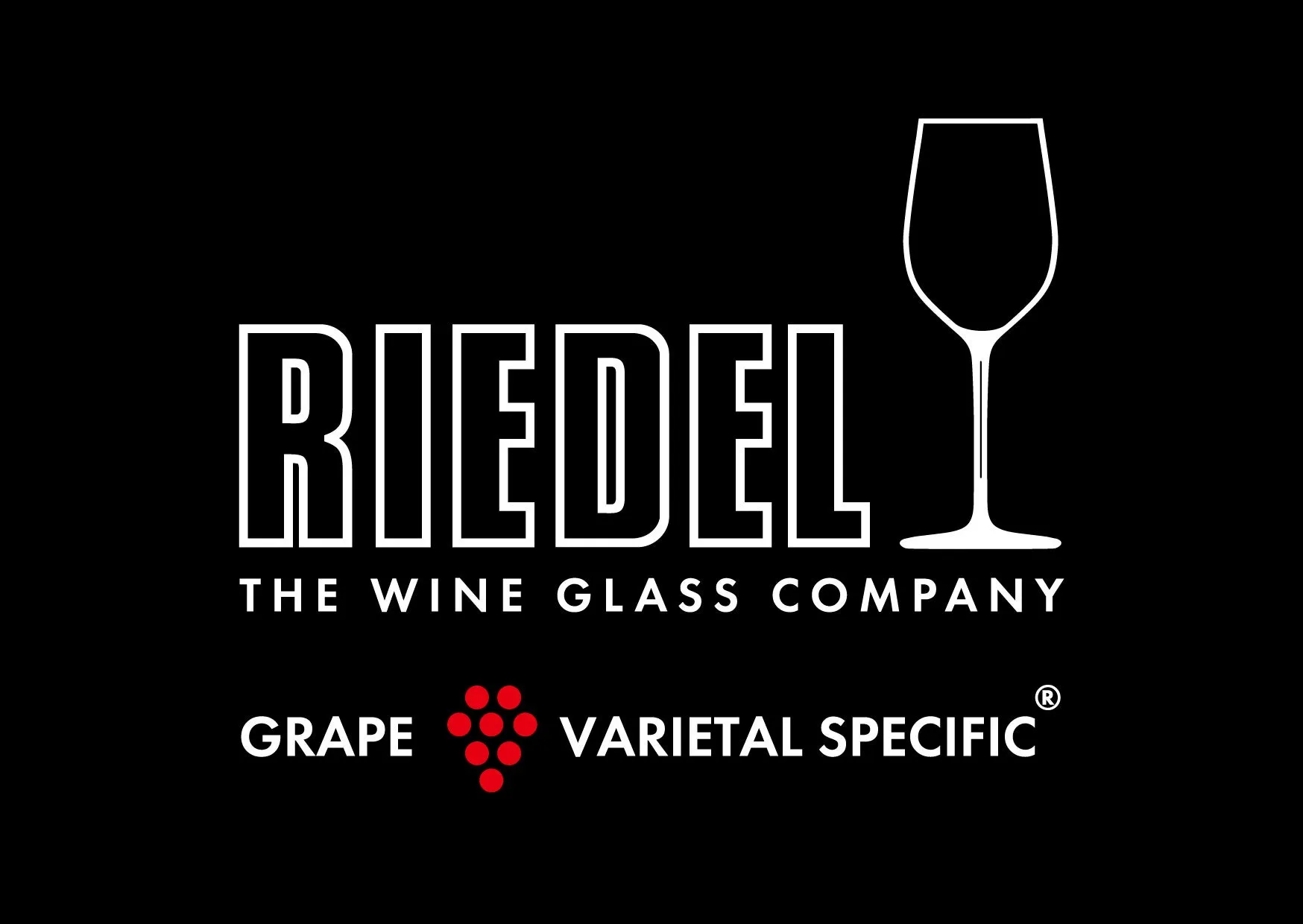 黒い背景に、白い文字で「RIEDEL」と書かれたロゴ。上部にはワイングラスのイラストがあり、下部には「THE WINE GLASS COMPANY」と「GRAPE VARIETAL SPECIFIC」の文字が配置されています。