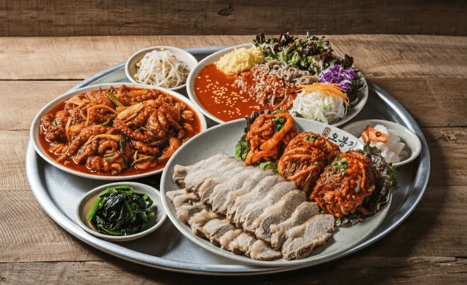 オボンスペシャル：豚肉、キムチ、イカ炒めなどが盛り付けられた料理