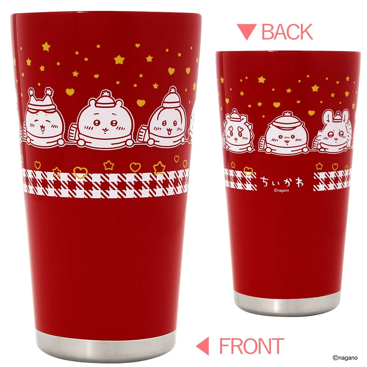 赤色のタンブラー。前面に「FRONT」、背面に「BACK」の文字と、ちいかわのキャラクターが描かれています。キャラクターは帽子をかぶっていたり、星やハートの装飾が施されています。