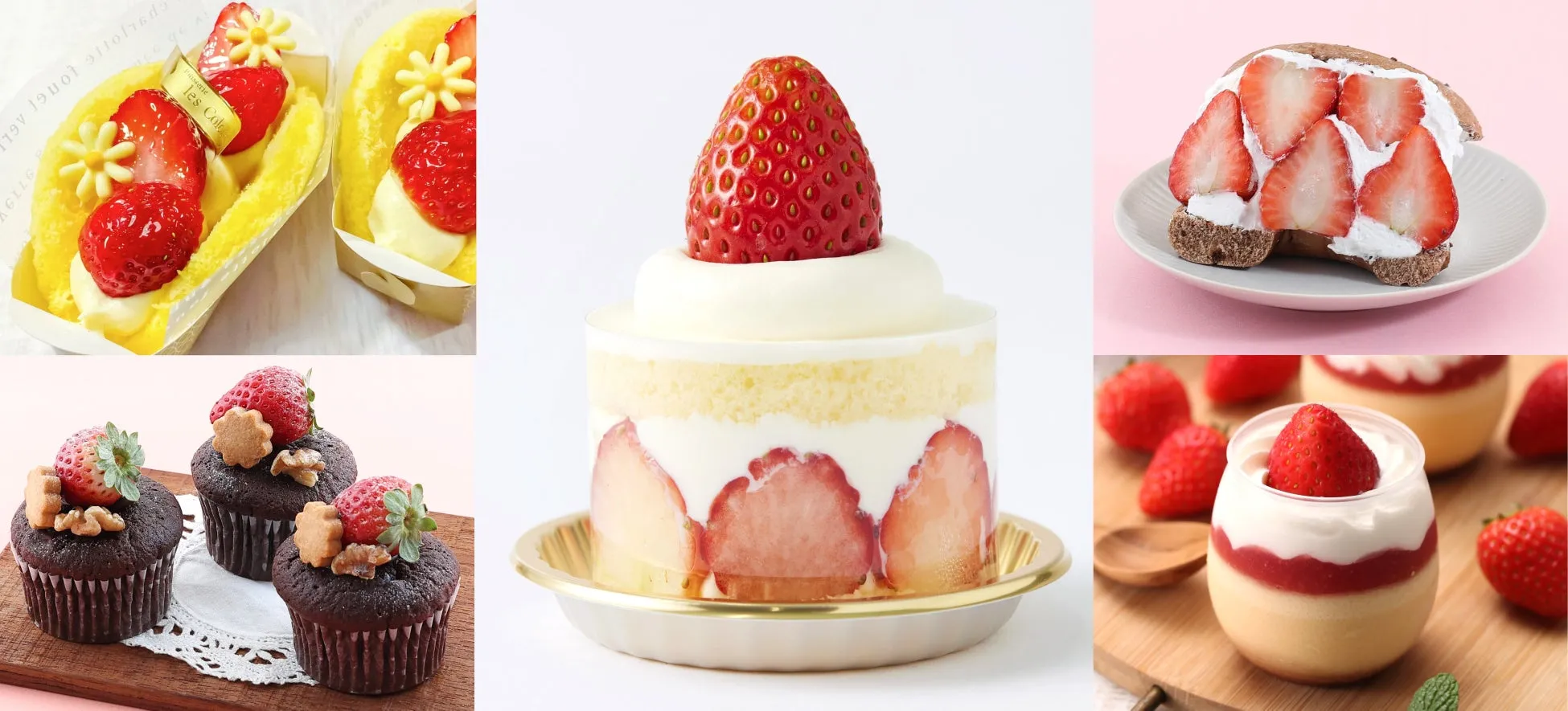 いちごを使った様々なスイーツの写真です。ケーキ、カップケーキ、デザート、パンケーキなど、様々な種類のスイーツが写っています。