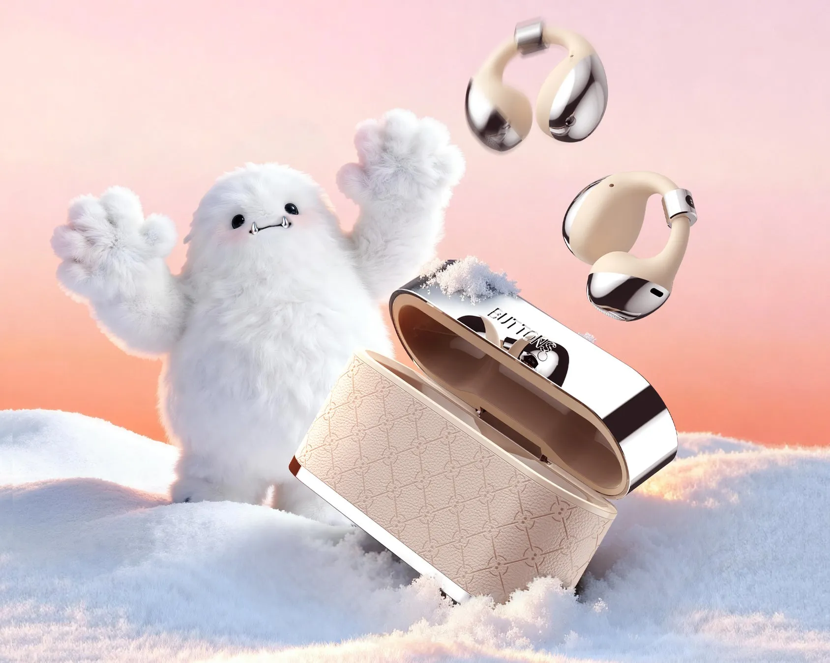 雪山でイヤホンと雪男が一緒にいる様子を描いた画像。イヤホンはケースから飛び出し、雪男は手を上げています。