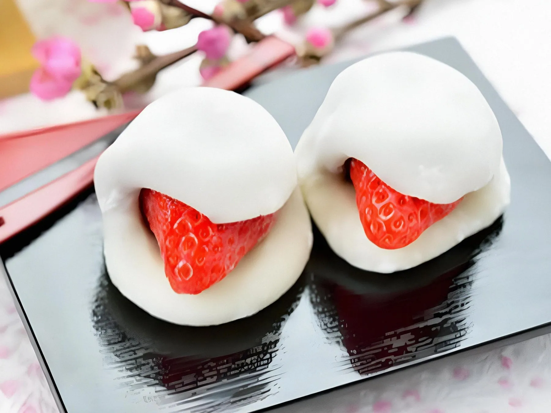 いちご大福が2つ、黒いお皿に載せられています。背景にはピンクの花が咲いた枝と、ピンクの扇子のようなものが写っています。