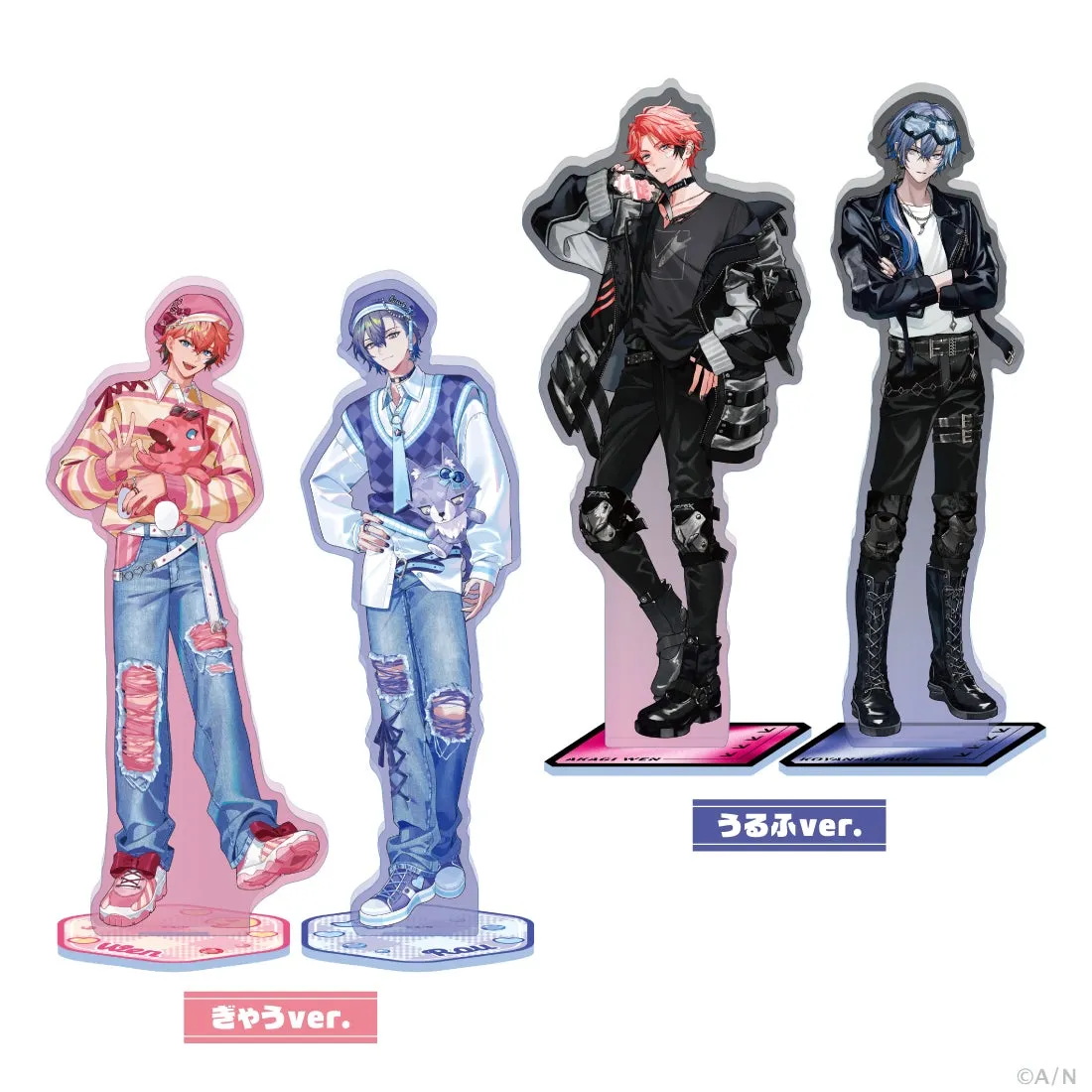 3人の男性キャラクターのアクリルスタンド。