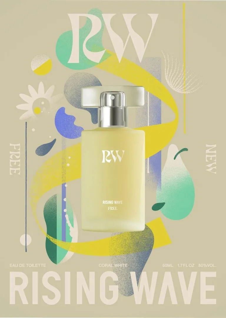 香水の広告画像。ボトルを中心に、抽象的なデザインとテキストが配置されています。