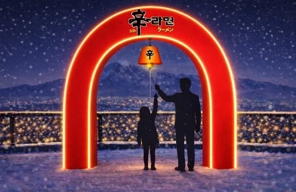 雪景色と辛ラーメンの鳥居のようなオブジェ