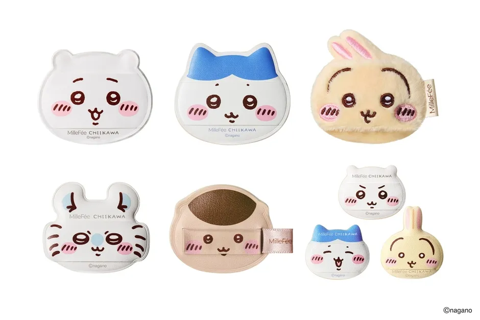 キャラクターの顔がデザインされた様々なグッズの集合写真です。クマ、猫、ウサギ、トラなど、様々なキャラクターが描かれています。それぞれのグッズには、ブランド名と著作権表示が記載されています。