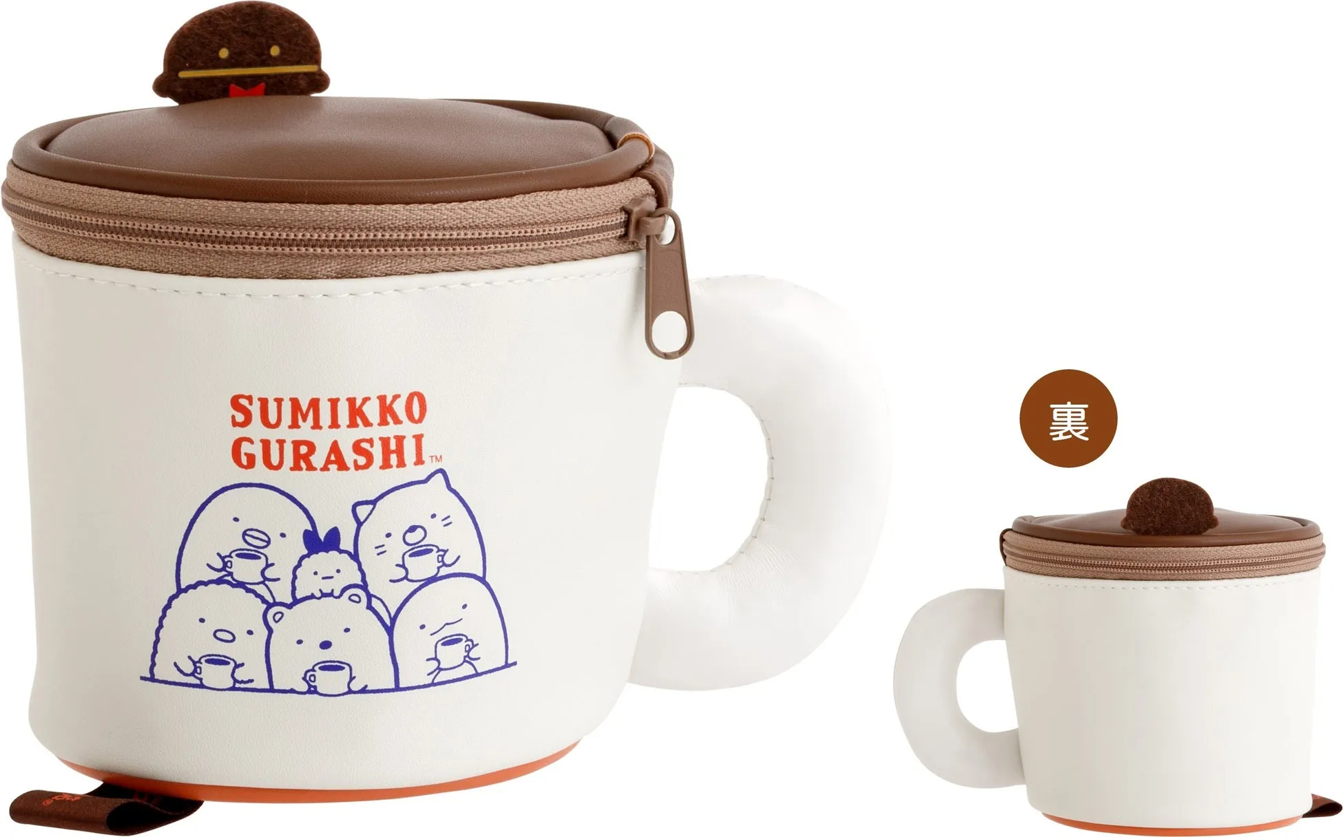 すみっコぐらしのキャラクターが描かれたマグカップ型のポーチ。ポーチの蓋にはキャラクターがちょこんと乗っており、可愛らしいデザイン。