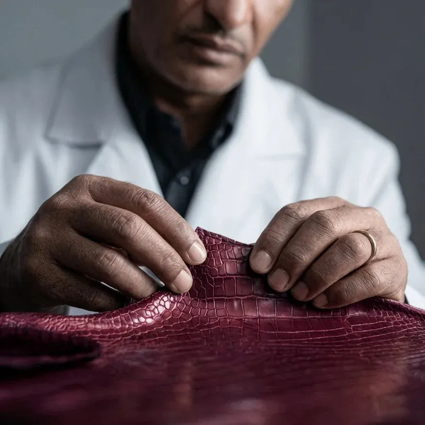 男性が革製品を検査している様子を捉えた写真。職人のこだわりが伝わる。