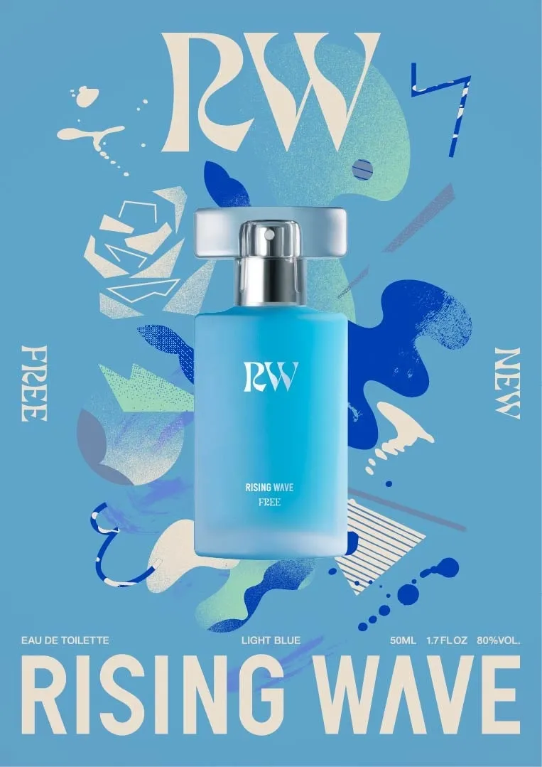 水色の背景に香水瓶が配置された広告画像。