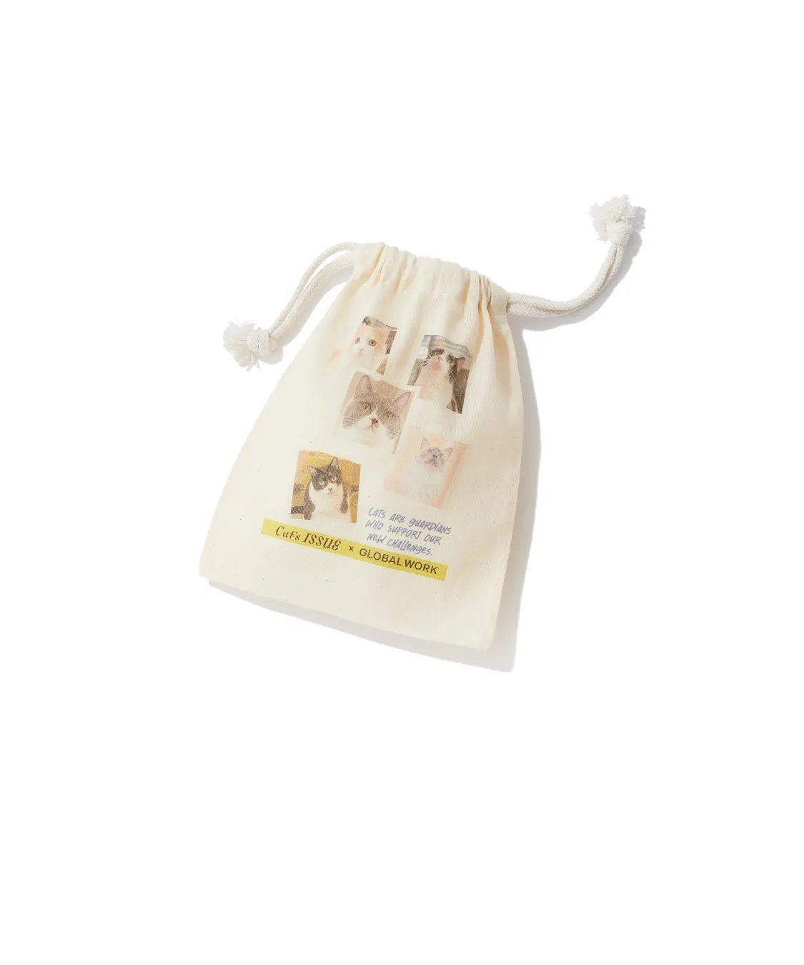 猫のイラストがプリントされた巾着袋