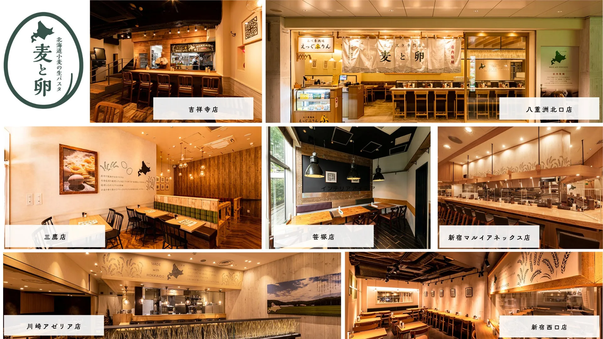 北海道小麦の生パスタ店「麦と卵」の店舗内観の写真です。吉祥寺店、三鷹店、八重洲北口店、笹塚店、新宿マルイアネックス店、新宿西口店、川崎アゼリア店の写真が掲載されています。