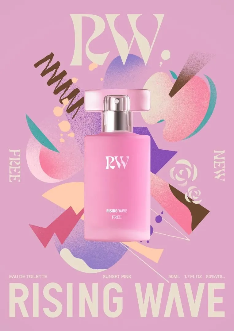 ピンク色の香水ボトルの広告。