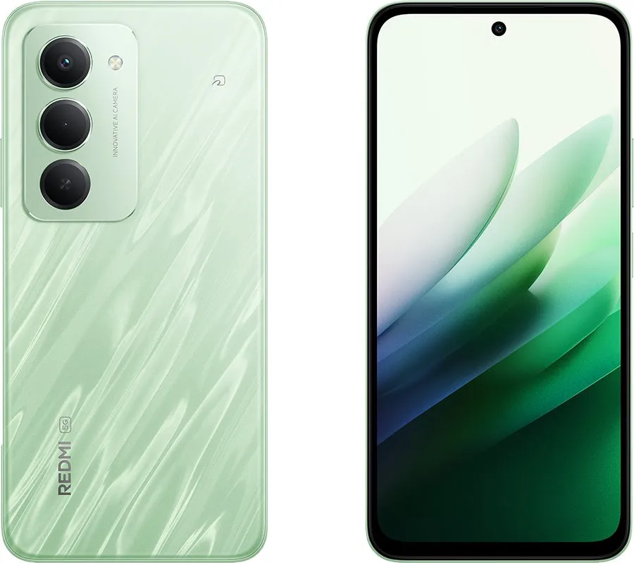 Redmi スマートフォンの画像です。背面には 3 つのカメラと AI カメラの文字が、前面には画面とカメラが写っています。