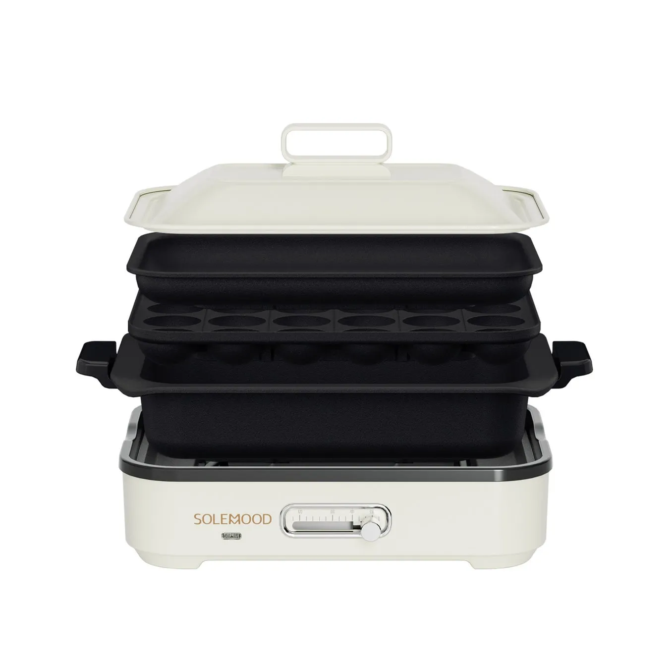 白と黒の電気調理器のクローズアップ画像。