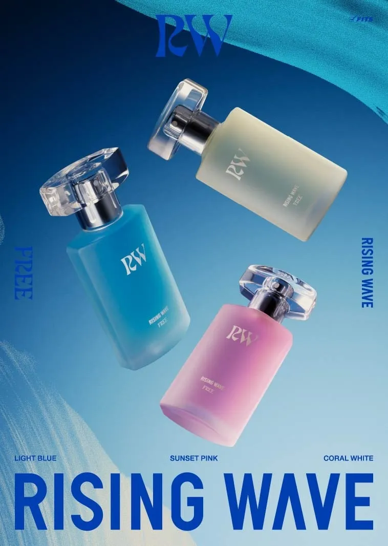 3つの香水ボトル、青、ピンク、白