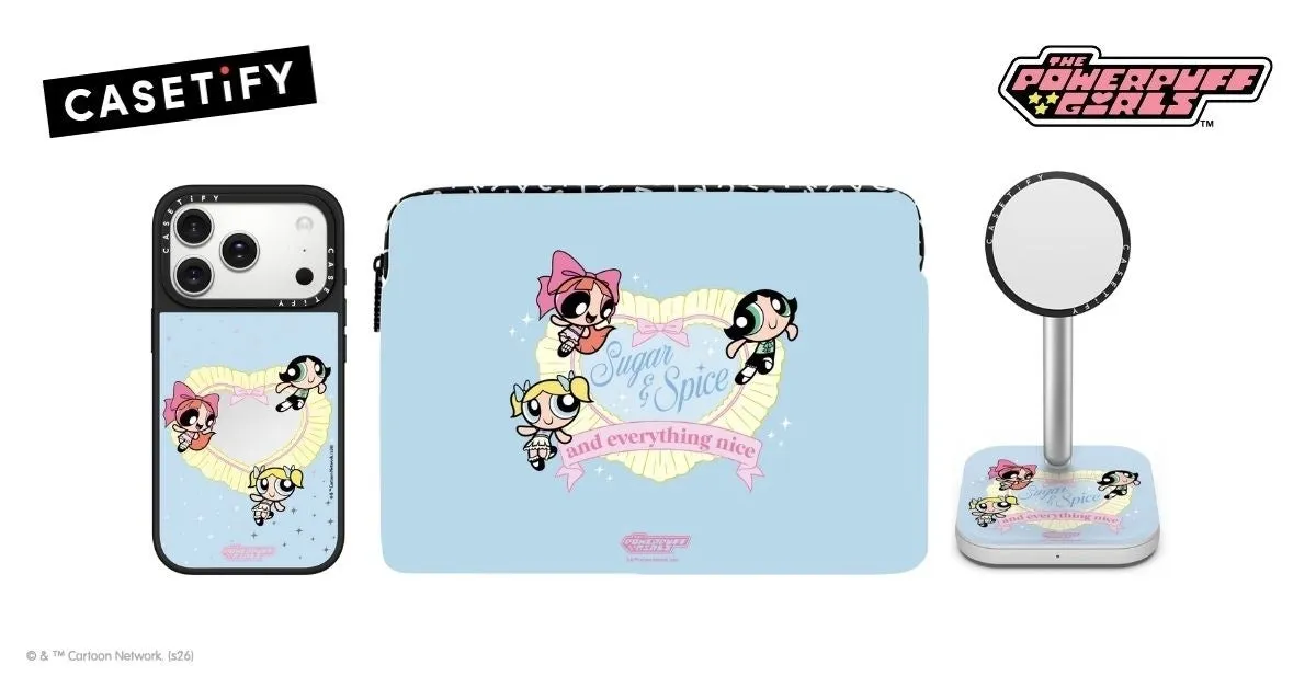 CASETiFYとパワーパフガールズのコラボデザインのスマートフォンケース、PCケース、ワイヤレス充電器の画像。