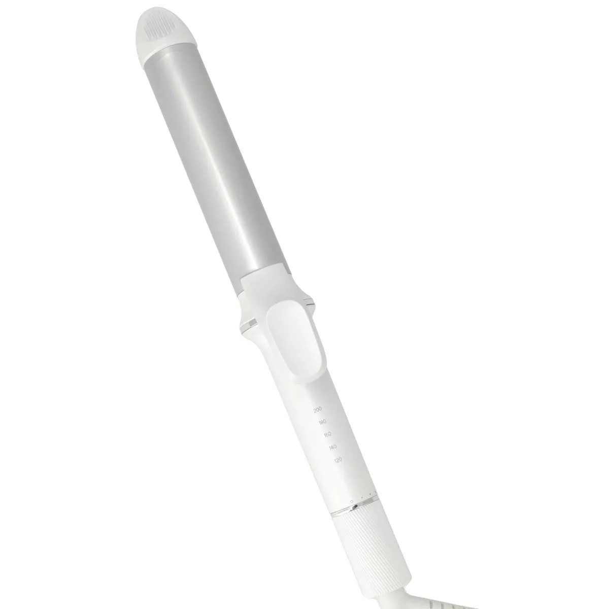 白とシルバーのヘアカーラーのクローズアップ写真。カーラーは白く、加熱設定を示す数字が記載されています。