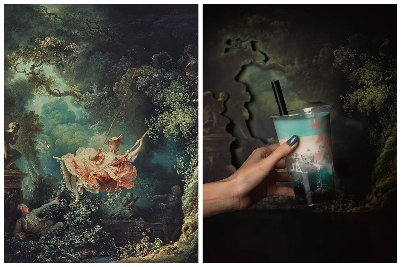 ドリンクと絵画のコラージュ