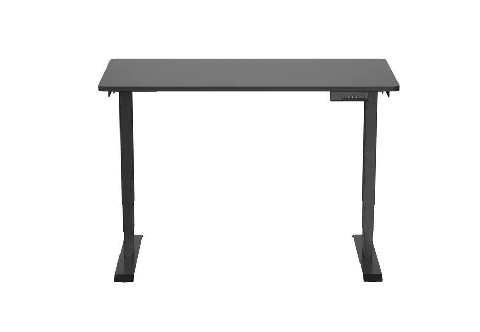 黒い昇降デスクの正面画像です。デスクは長方形の天板と、高さ調節可能な2つの脚で構成されています。天板の右側に、高さ調整ボタンがあります。