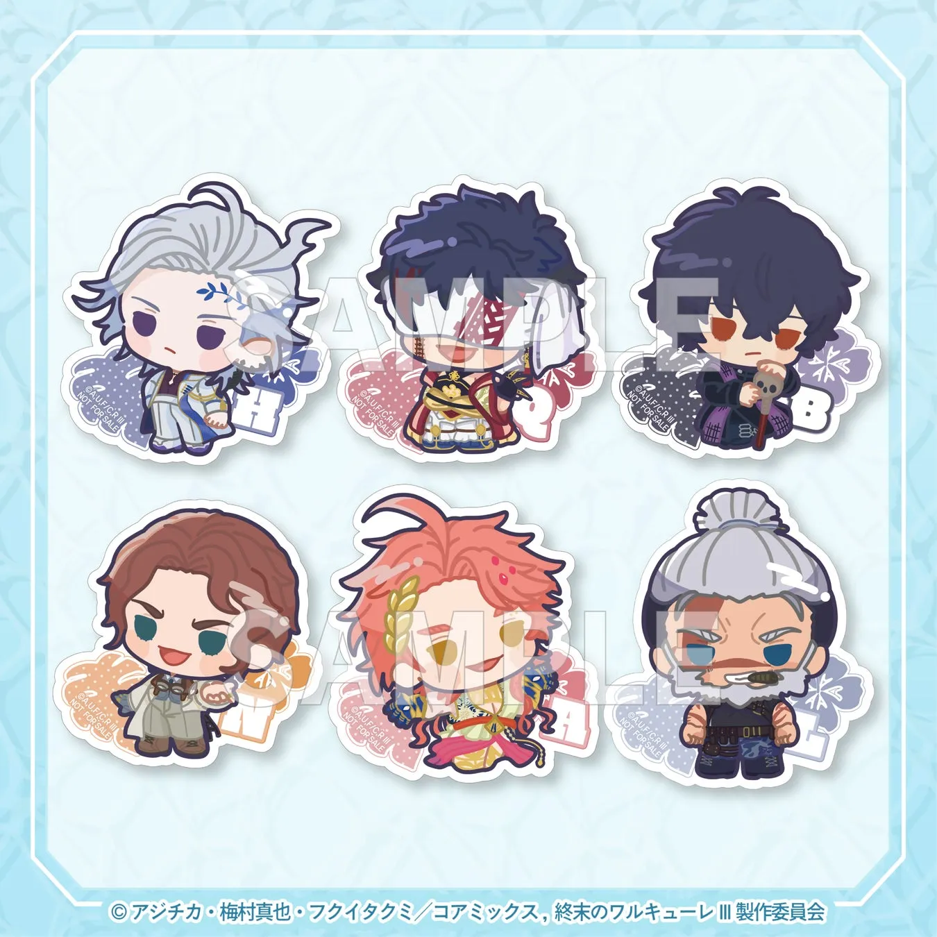 終末のワルキューレのキャラクターのデフォルメされたイラストが描かれたステッカーです。全部で6種類あり、それぞれ異なるキャラクターが描かれています。