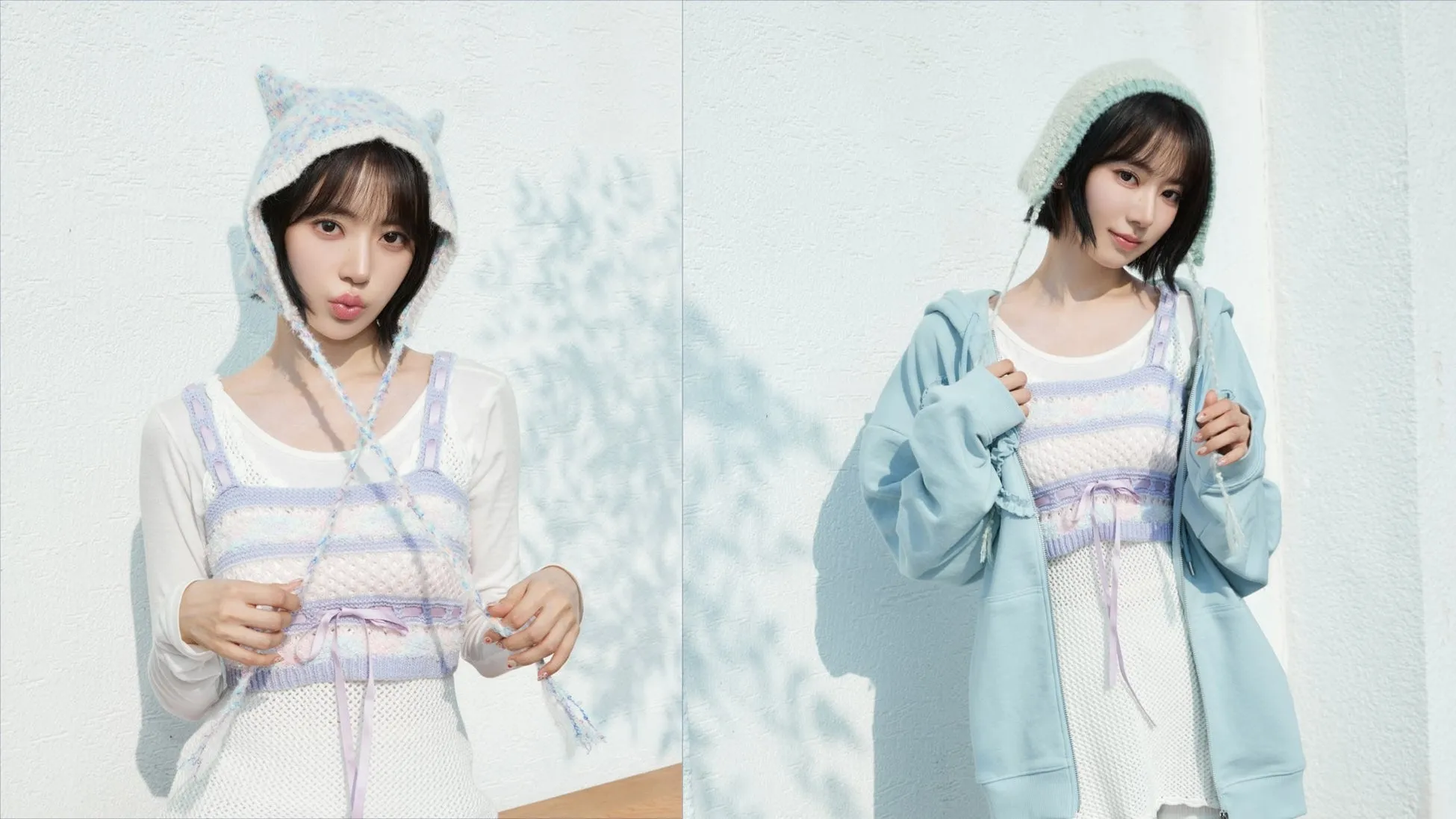 2枚の写真が並んでおり、水色のパーカーを着た女性が、ニットの帽子をかぶり、白い服を着ています