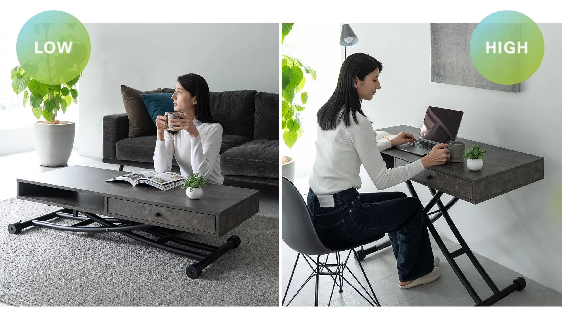 女性が昇降式のテーブルを使い、ローポジションではコーヒーを飲み、ハイポジションではパソコン作業をしている様子を写した画像です。