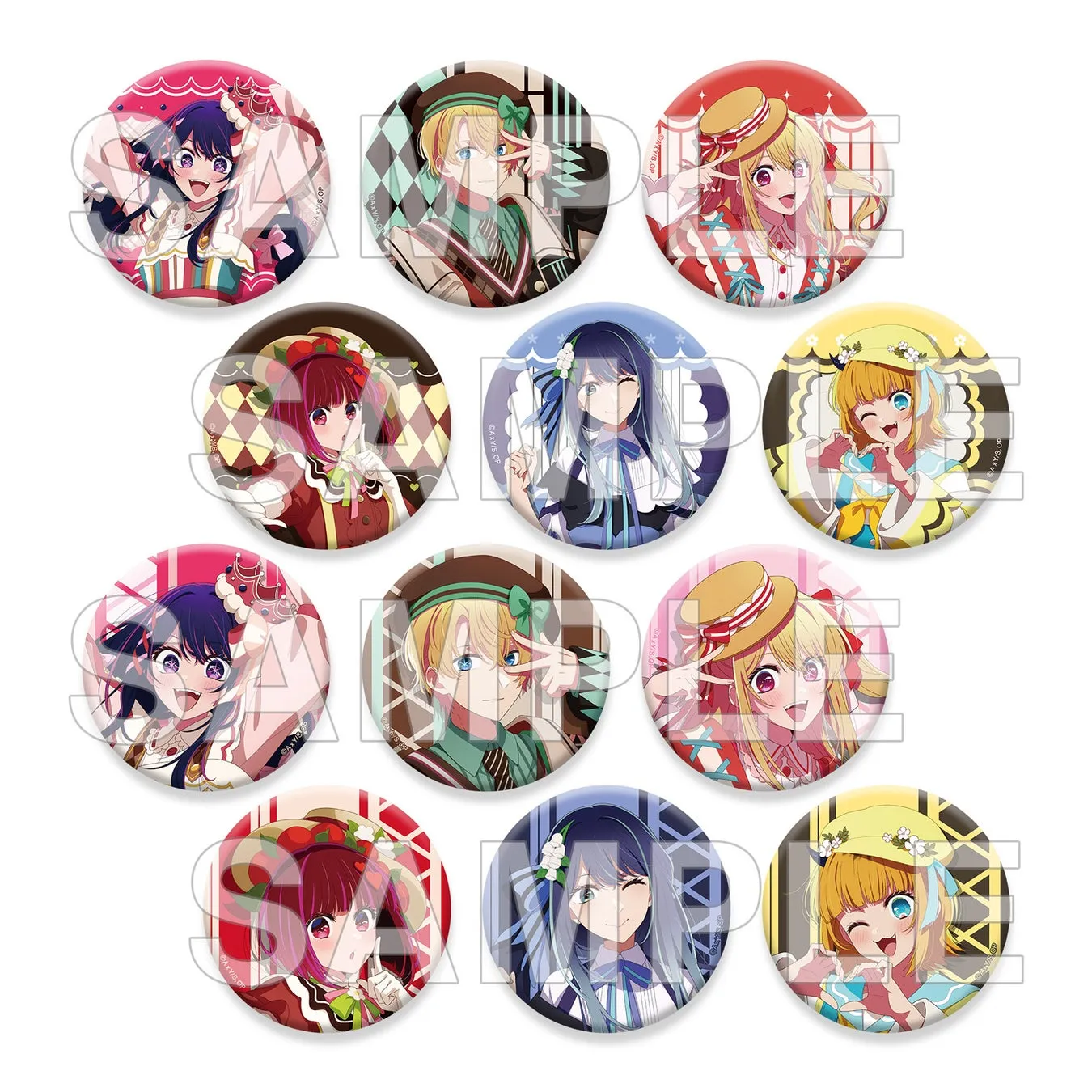 丸いバッジに描かれた、様々なアニメ風の女の子のイラスト。